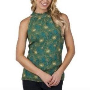 Peacock Feather Button Neck Sleeveless Top